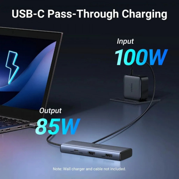 Док-станція USB3.2 Type-C -> HDMIx2 4K60Гц/2xUSB-A 3.2/2xType-C 3.2 10Гбіт/с/ PD 100Вт,сірий CM498