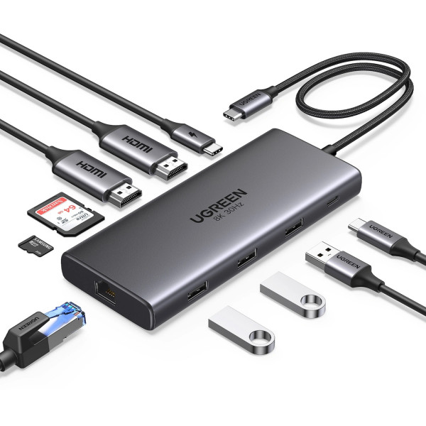 Док-станція USB3.2 Type-C -> HDMIx2,8K30Hz/4K60Hz/3xUSB-A/2xUSB-C 3.2/ RJ45/SD/TF/PD 100W CM639