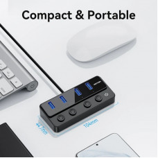 Хаб USB 3.0 -> 4xUSB 3.0, з вимикачами, 1.0м, з живленням USB-С,чорний Vention