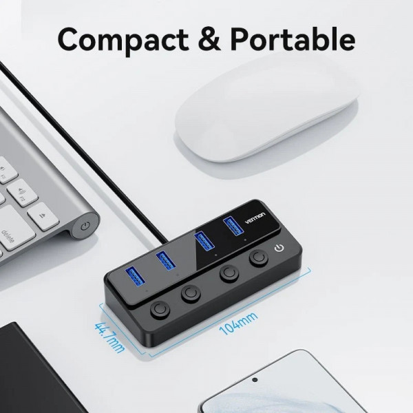 Хаб USB 3.0 -> 4xUSB 3.0, з вимикачами, 1.0м, з живленням USB-С,чорний Vention
