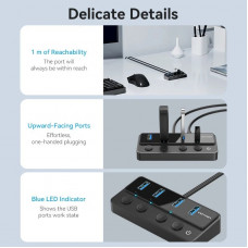 Хаб USB 3.0 -> 4xUSB 3.0, з вимикачами, 1.0м, з живленням USB-С,чорний Vention