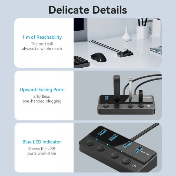 Хаб USB 3.0 -> 4xUSB 3.0, з вимикачами, 1.0м, з живленням USB-С,чорний Vention