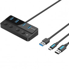Хаб USB 3.0 -> 4xUSB 3.0, з вимикачами, 1.0м, з живленням USB-С,чорний Vention