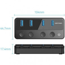 Хаб USB 3.0 -> 4xUSB 3.0, з вимикачами, 1.0м, з живленням USB-С,чорний Vention