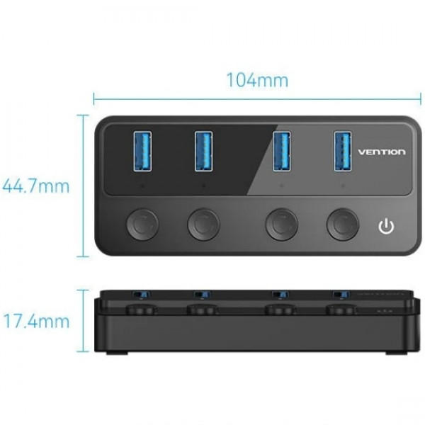Хаб USB 3.0 -> 4xUSB 3.0, з вимикачами, 1.0м, з живленням USB-С,чорний Vention