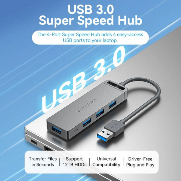 Хаб USB 3.0 -> 4xUSB-A 3.0, 5Gbps, Black Vention