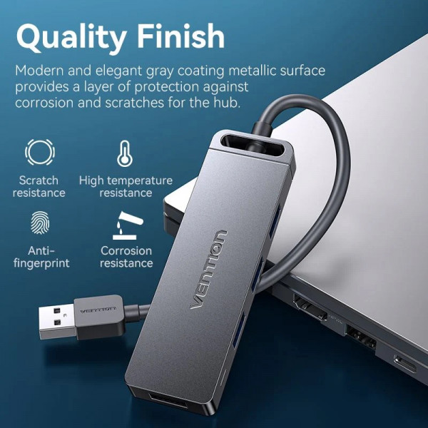 Хаб USB 3.0 -> 4xUSB-A 3.0, 5Gbps, Black Vention