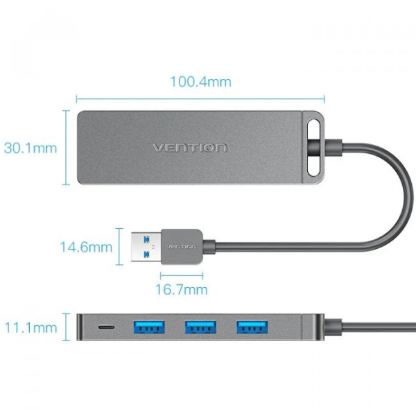 Хаб USB 3.0 -> 4xUSB-A 3.0, 5Gbps, Black Vention