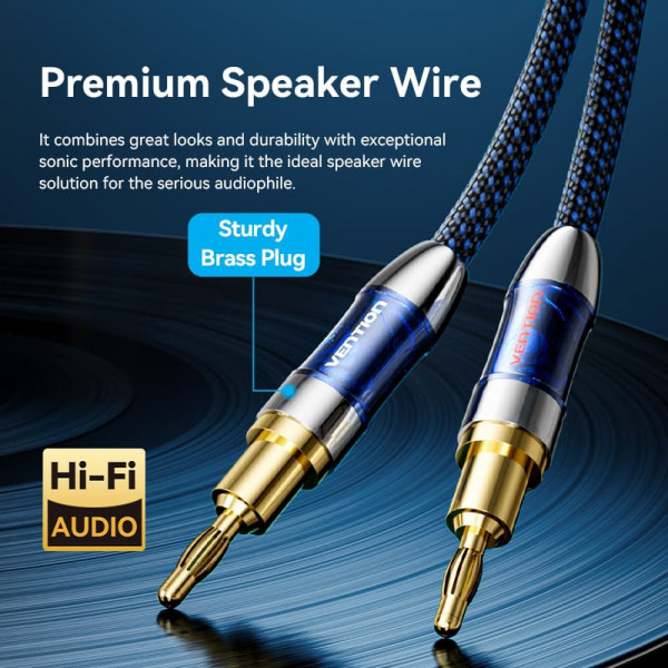 HiFi Audio Speaker Cable 2.0м,Banana-Spade 2xM/M,4N OFC Silver, Gold-Plated,TPE + обплетення,Vention