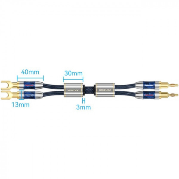 HiFi Audio Speaker Cable 2.0м,Banana-Spade 2xM/M,4N OFC Silver, Gold-Plated,TPE + обплетення,Vention