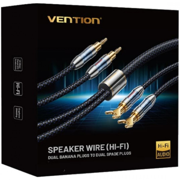 HiFi Audio Speaker Cable 2.0м,Banana-Spade 2xM/M,4N OFC Silver, Gold-Plated,TPE + обплетення,Vention
