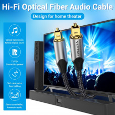 Кабель Audio оптичний Toslink M/M - S/PDIF, 1м, Dolby Digital 5.1, обплетення, сірий Vention