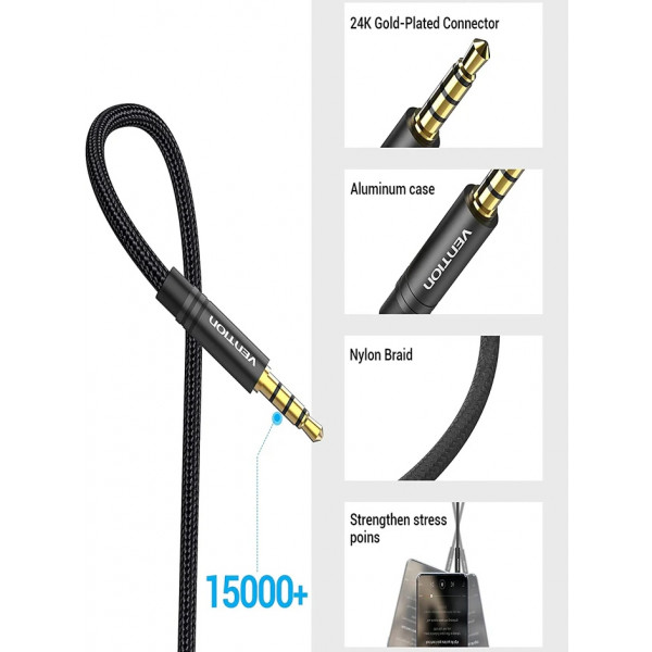 Кабель AUX Audio TRS M/F 1.0м Gold-Plated, нейлонове обплетення, чорний, Vention