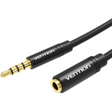 Кабель AUX Audio TRS M/F 1.0м Gold-Plated, нейлонове обплетення, чорний, Vention