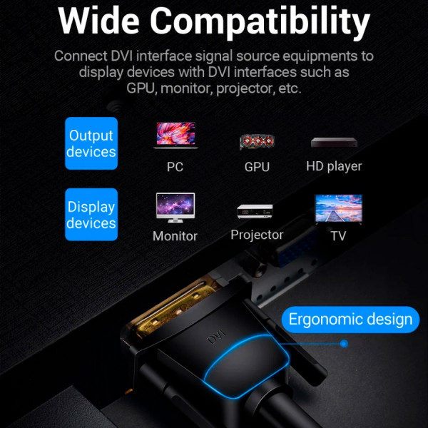 Кабель DVI-D 24M - 24M, 1.5 м, 2K 60Hz Dual Linik Vention