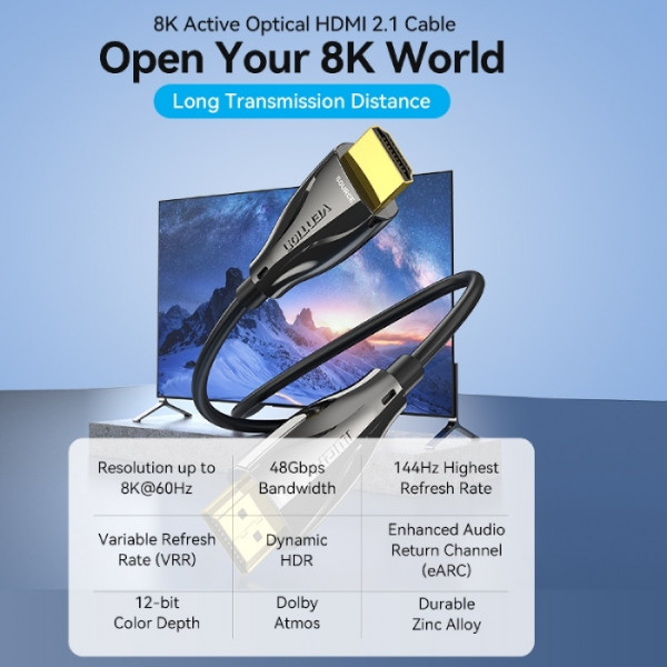 Кабель HDMI M - M, 10.0м, V2.1, Optical 8K 60Гц 48Gbps Dolby 7.1 TPE Black Zinc Alloy Vention