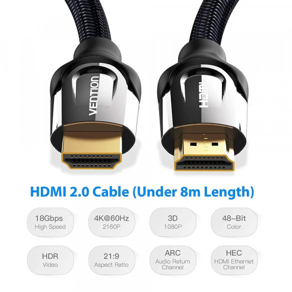 Кабель HDMI M - M, 3.0 м, V2.0, 4K 60Гц, обплетення, Zinc Alloy Type чорний Vention