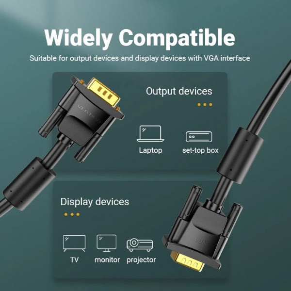 Кабель VGA 15M-15M, 1.5м, з ферритами, чорний Vention