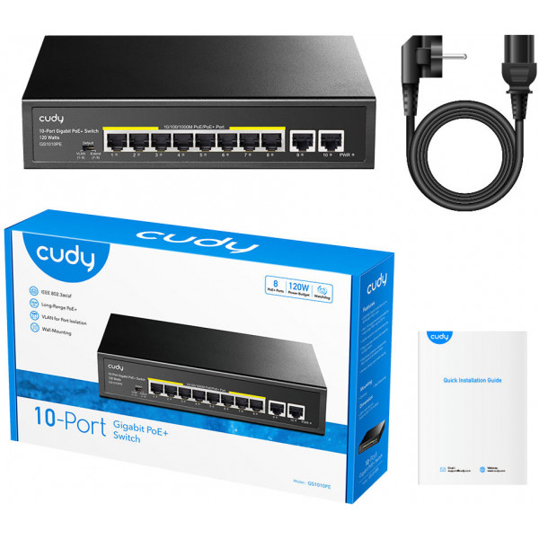 Комутатор Cudy GS1010PE, 8-Port Gigabit PoE+ Switch with 2 Gigabit Uplink Ports 120W
