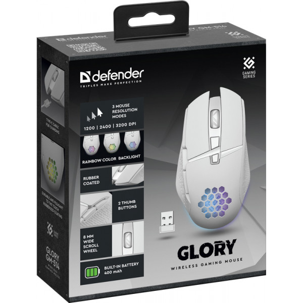 Мишка Defender Glory GM-514, ігрова, бездротова 3200dpi., 6кн., LED біла