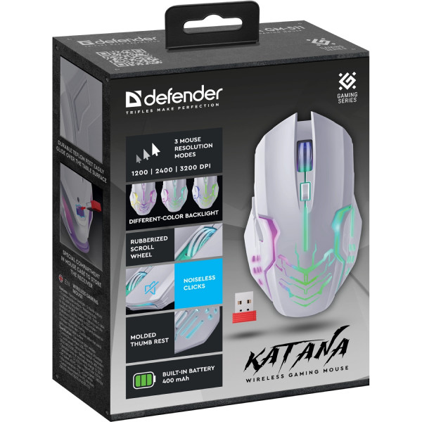 Мишка Defender Katana GM-511, бездротова, ігрова, 6кн., 3200 dpi., 400 mAh, біла