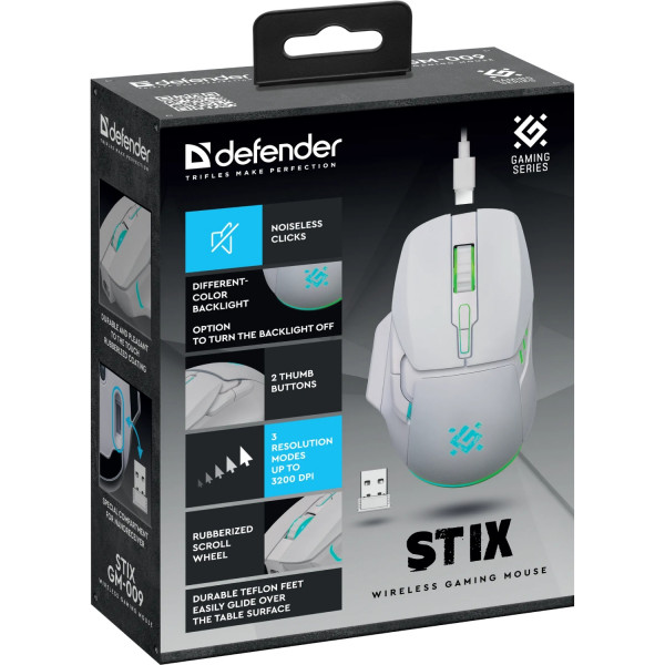 Мишка Defender Stix GM-009, бездротова, 7кн. 3200 dpi, 500 мАh, біла