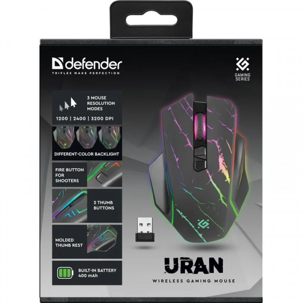 Мишка Defender Uran GM-503, бездротова, ігрова, 3200 dpi., 8кн., 400mAh, LED, чорна