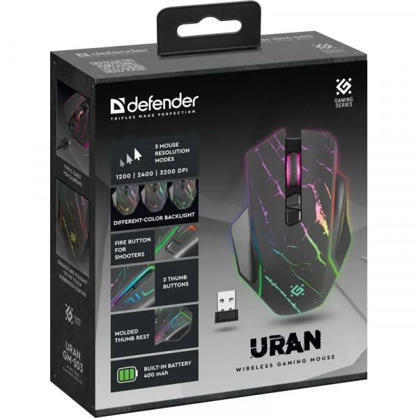 Мишка Defender Uran GM-503, бездротова, ігрова, 3200 dpi., 8кн., 400mAh, LED, чорна