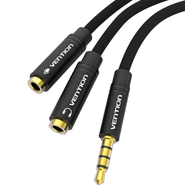 Перехідник Audio Jack TRS M -> 2xF, 1.0м, Cotton braided, чорний, Vention
