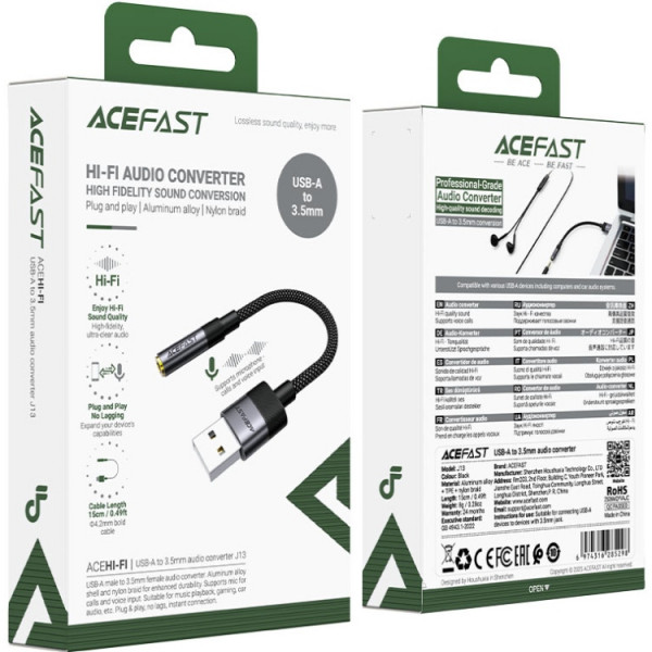 Перехідник USB-A -> 3.5 mm 15cm audio converter J13 Acefast black