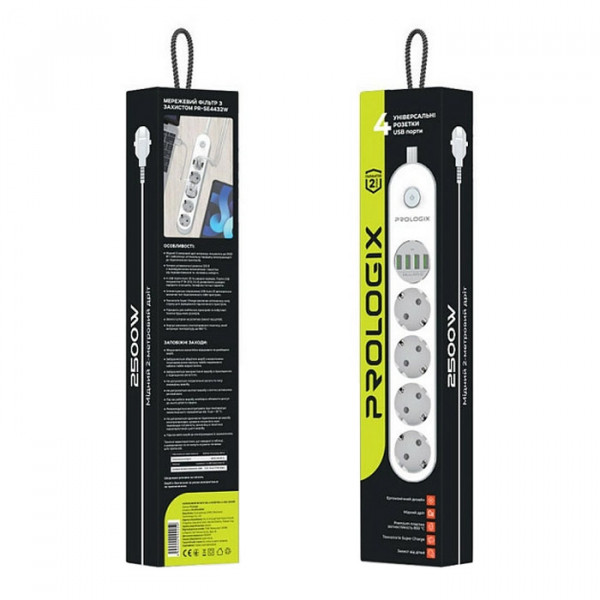 Power filtr 2.0м ProLogix Premium (PR-SE4432W) 4 розетки, 4 USB, білий