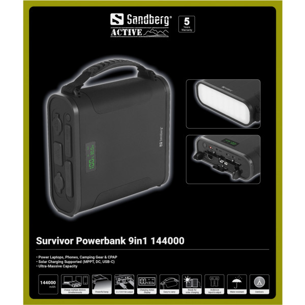 УМБ Sandberg 144000mAh Survivor 460.8 Вт/год, DC12-24В, 2xUSB-C, 2xUSB-A, 2xCar Lighter, MTTP