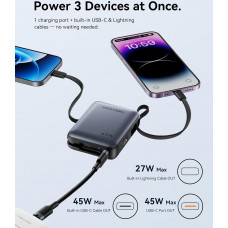 УМБ Vention 10000mAh 45W PD, QC3.0 USB-C In/Out, with Built-in USB-C and Lightning Cables Beige