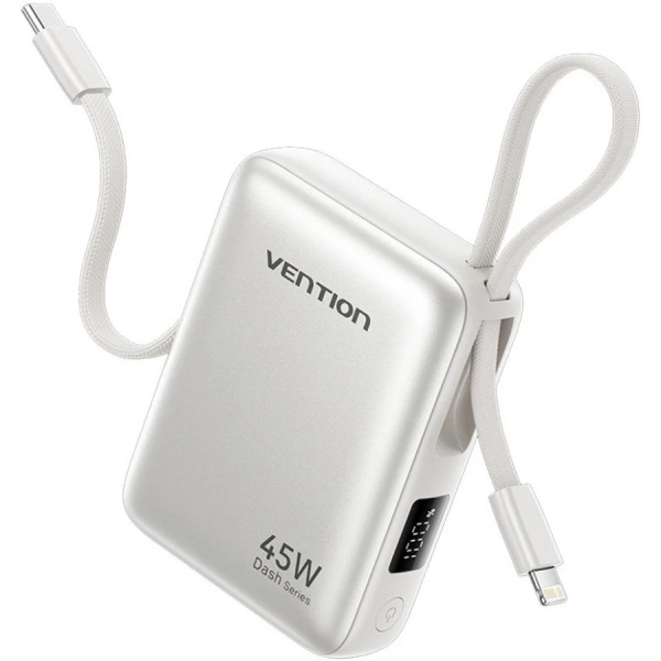 УМБ Vention 10000mAh 45W PD, QC3.0 USB-C In/Out, with Built-in USB-C and Lightning Cables Beige