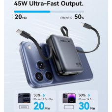 УМБ Vention 10000mAh 45W PD, QC3.0 USB-C In/Out, with Built-in USB-C and Lightning Cables Beige