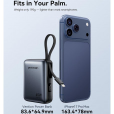 УМБ Vention 10000mAh 45W PD, QC3.0 USB-C In/Out, with Built-in USB-C and Lightning Cables Beige