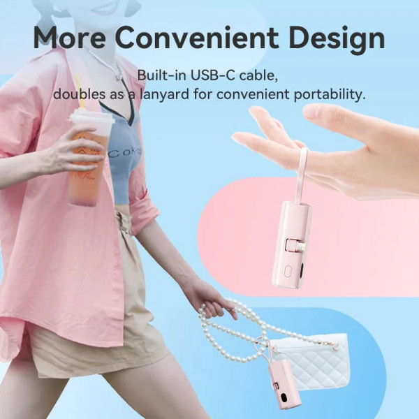 УМБ Vention 4800mAh 22,5W PD, USB-C In/Out, LED display, with built-in Lightning cable Black