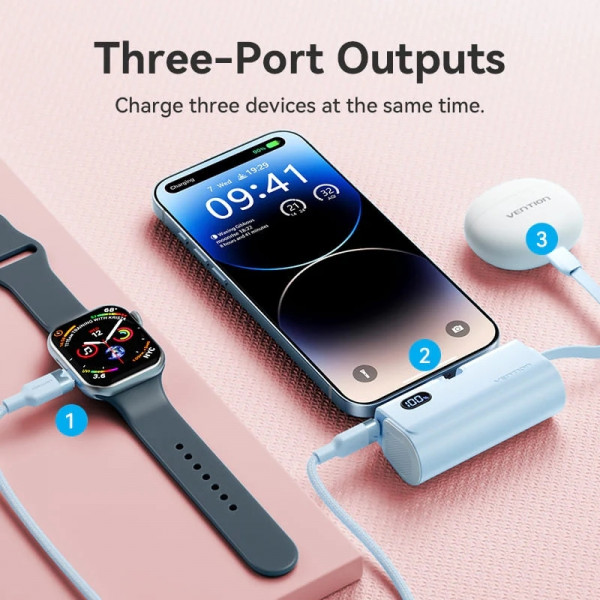 УМБ Vention 4800mAh 22,5W PD, USB-C In/Out, LED display, with built-in USB-C cable Pink