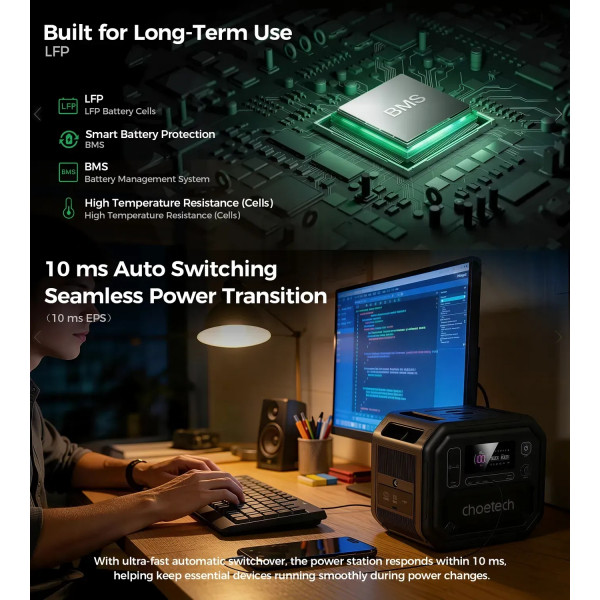 Зарядна станція Choetech BS064 2500Вт (2160Вт/г) AC,LiFePo4,MPPT, UPS, PD100 Вт
