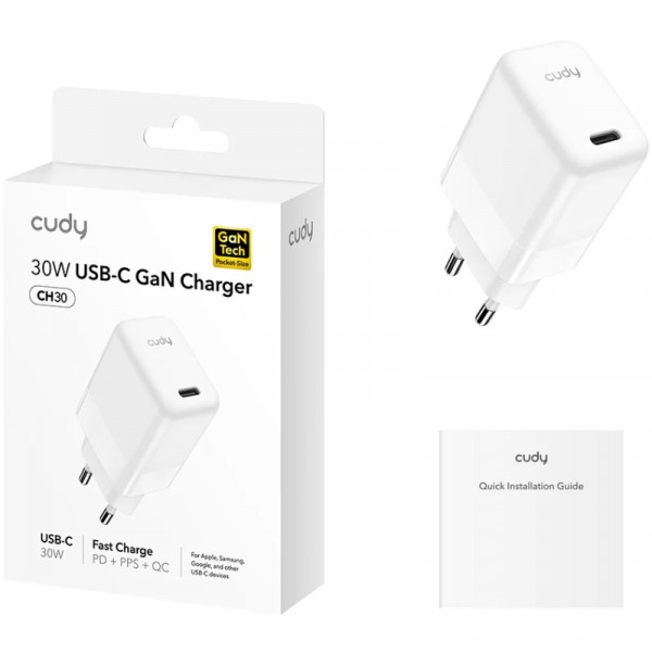 Зарядний пристрій 1xUSB 30W, (GaN, 1хUSB-C, QC+PD 3.0, вилка ЄС, для iPhone 12) , Cudy