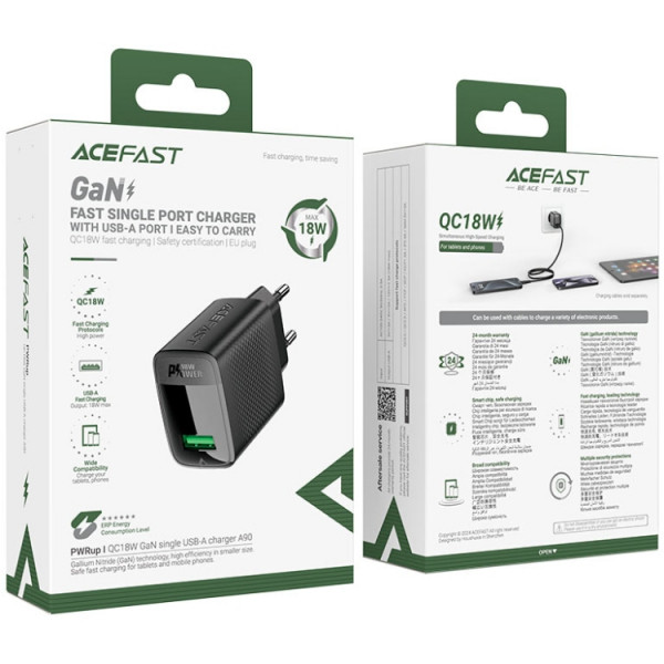 Зарядний пристрій 1xUSB-A 18W + Type-C cable A90 Fast Charger Black Acefast