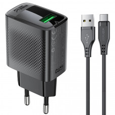 Зарядний пристрій 1xUSB-A 18W + Type-C cable A90 Fast Charger Black Acefast