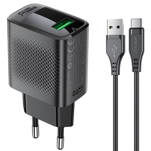 Зарядний пристрій 1xUSB-A 18W + Type-C cable A90 Fast Charger Black Acefast