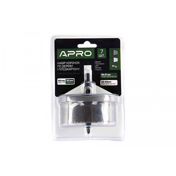 Набір коронок по дереву і гіпсокартону 7 предметів, глибина 30мм (60/67/74/81/95) APRO
