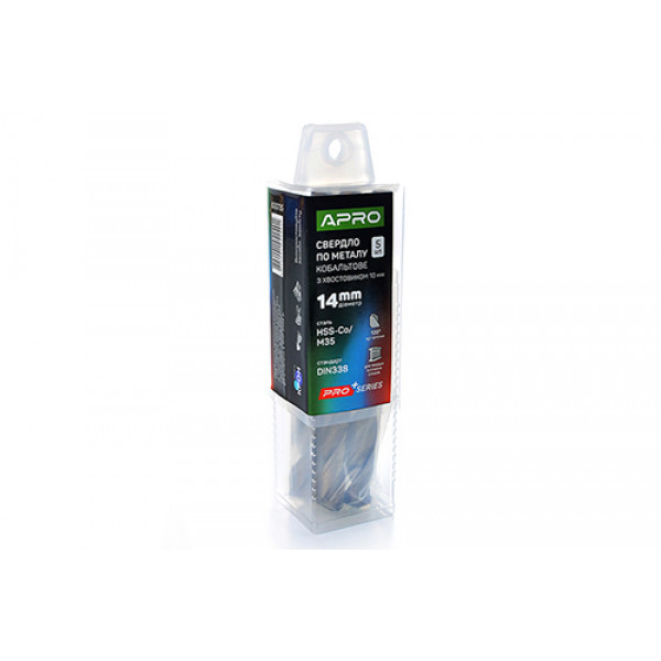 Свердло по металу кобальтове HSS-Co/M35 ?14.0мм з хвостовиком ?10мм (тубус, кратно 5шт) PRO APRO. Ціна за 1шт. Кратно пачці