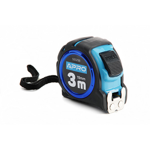 Рулетка обгумована з магнітом та автостопом, подвійний зачіп 3 м х 19 мм APRO