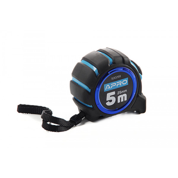 Рулетка обгумована з магнітом та автостопом, подвійний зачіп 5 м х 25 мм APRO