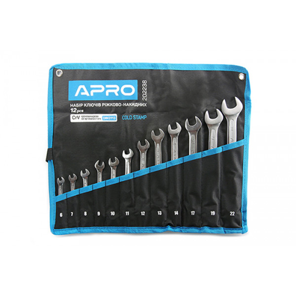 Набір ключів ріжково-накидних CrV 12 шт (6-14, 17, 19, 22мм) (холодний штамп DIN3113) APRO