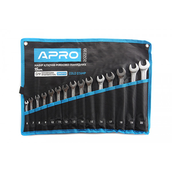 Набір ключів ріжково-накидних CrV 15 шт (6-19, 22мм) (холодний штамп DIN3113) APRO
