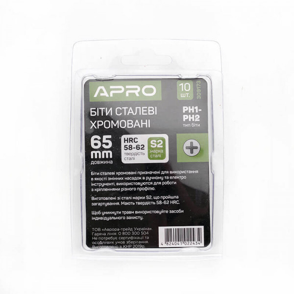 Біта 2-стороння РН1-РН2*65мм хром, 10шт/уп APRO